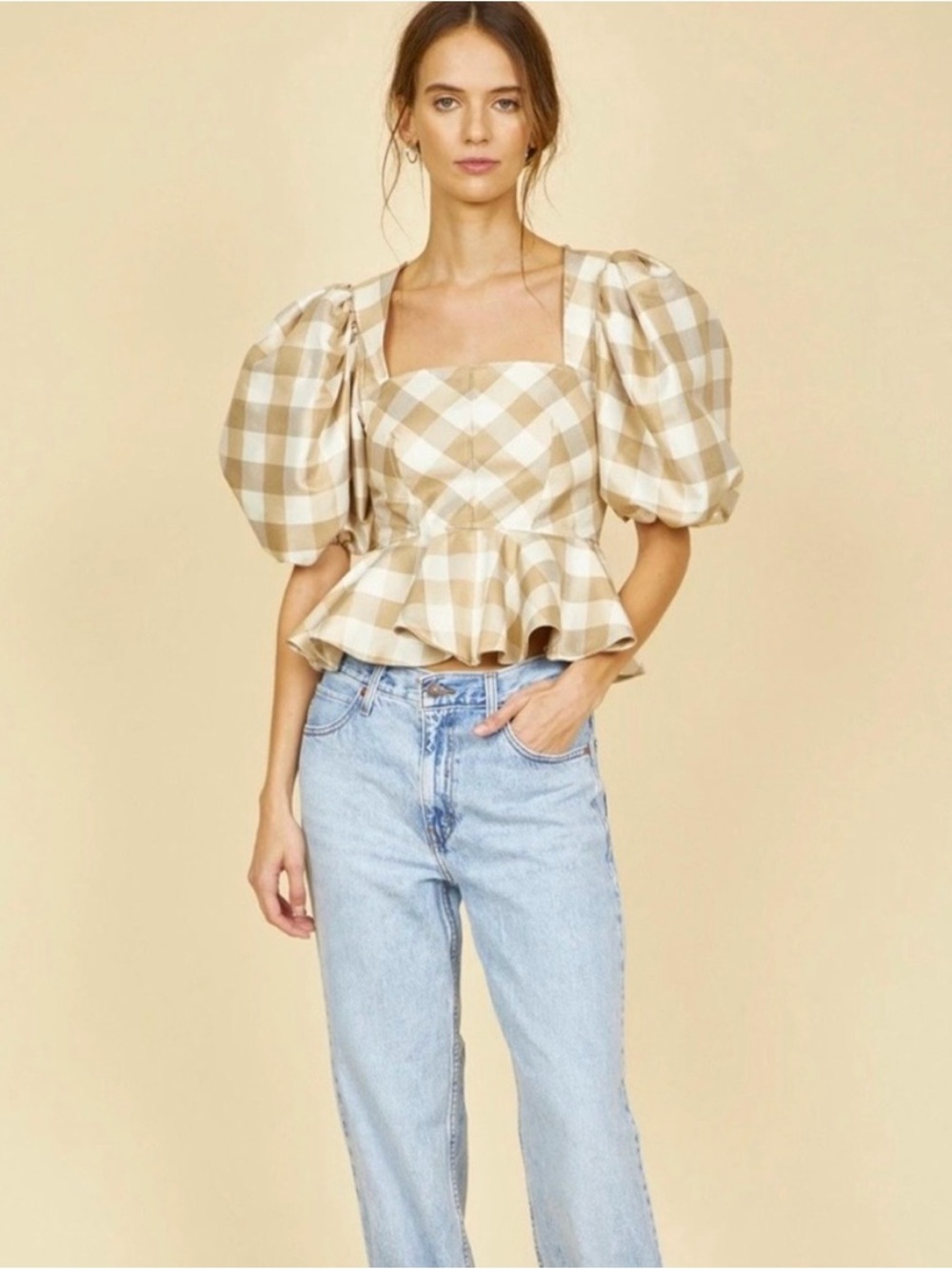 HUNTER BELL Beige and White Gingham Puff-Sleeve Peplum Top